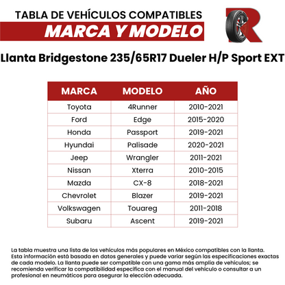 Kit de 2 Llantas Bridgestone 235/65R17 Dueler H/P Sport EXT 104V